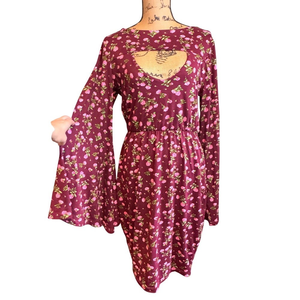 Rebdolls Floral Cutout Bell Sleeve Mini Dress Burgundy 1X